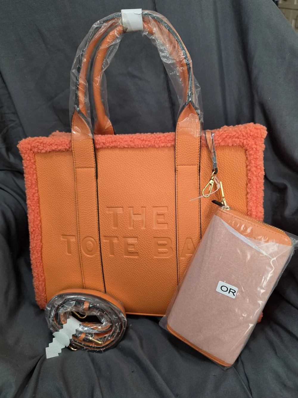 Orange Shearling Trim "The Tote Bag" with Detachable Wallet - Picture 4 of 11